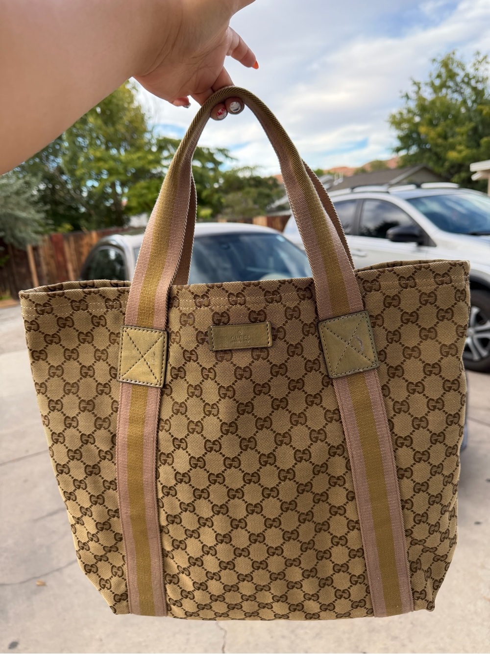 Gucci Beige Monogram Tote with Pink-Striped Handles